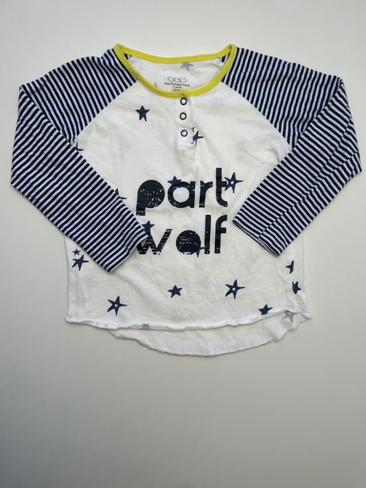 EGG New York Long Sleeve T-Shirt - White 'part wolf' Graphic Striped Sleeves | size 3T