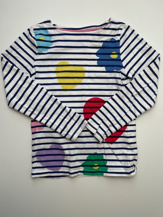 Boden Long Sleeve T-Shirt - Navy Blue Stripes + Flowers + Hearts Boat Neck | size 7/8