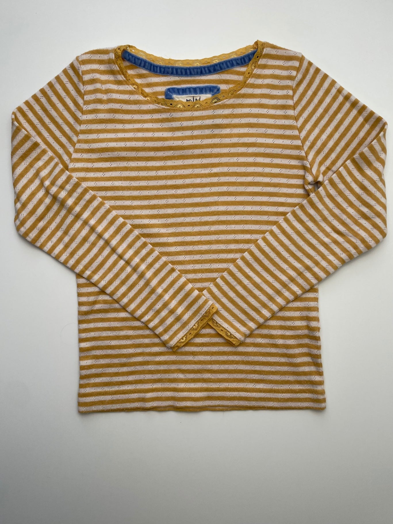 Mini Boden Long Sleeve T-Shirt - Yellow Stripes + Lace Trim | size 7/8