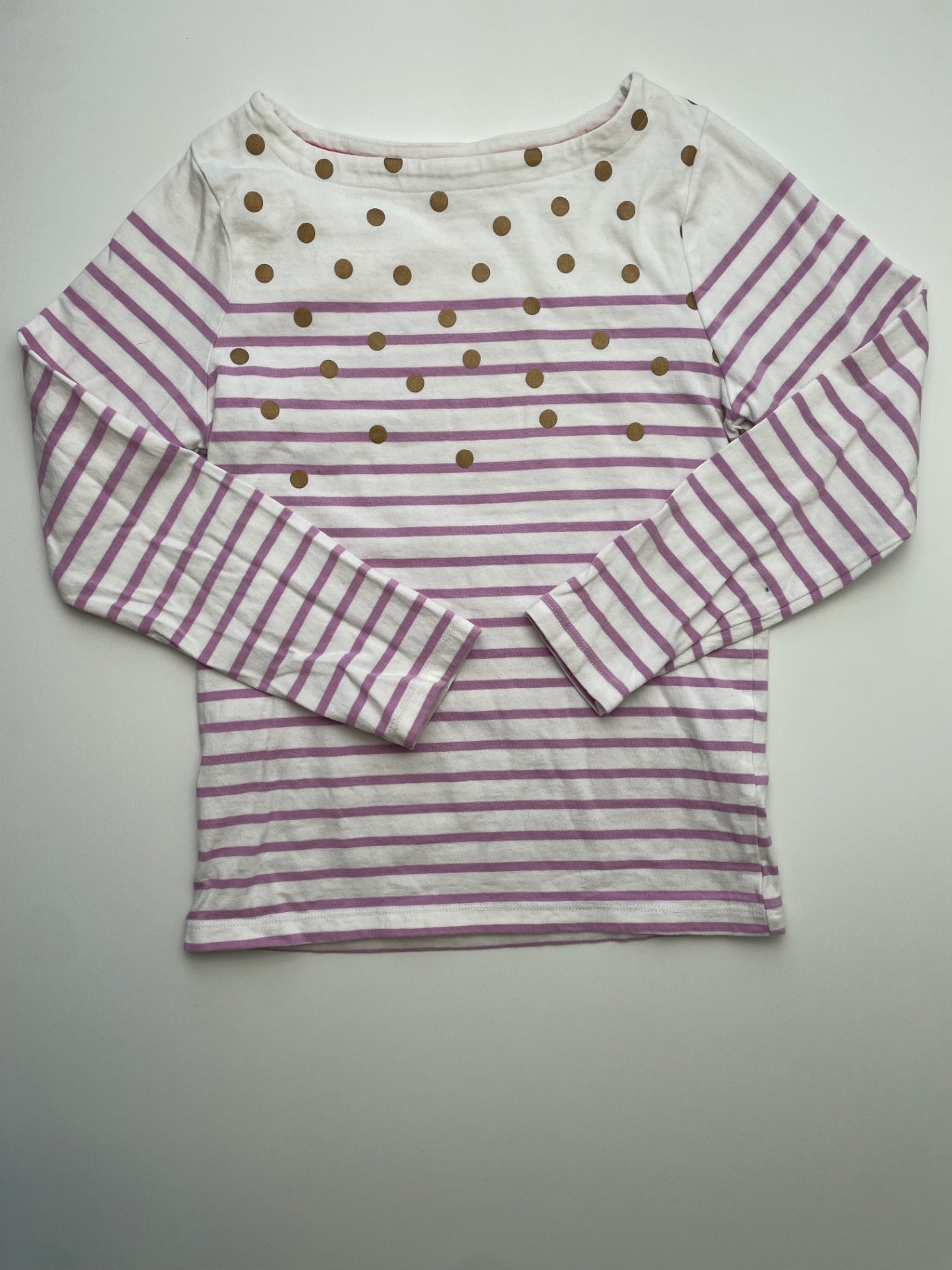 Boden Long Sleeve T-Shirt - White Polka Dots + Stripes Boat Neck | size 7/8