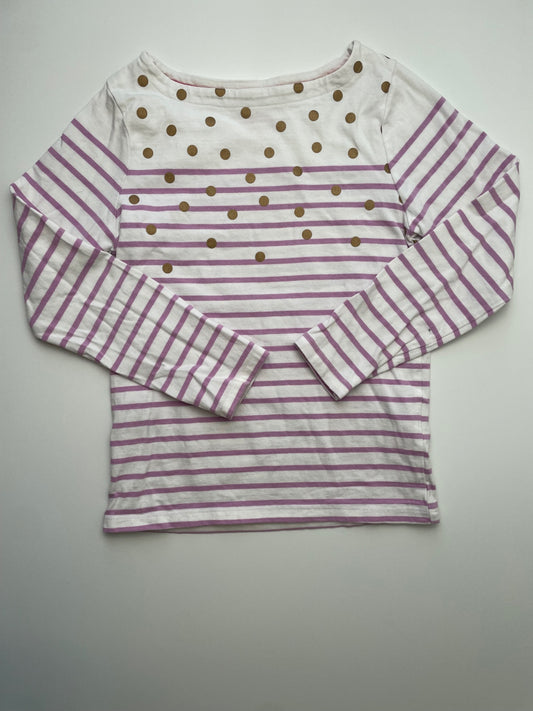 Boden Long Sleeve T-Shirt - White Polka Dots + Stripes Boat Neck | size 7/8