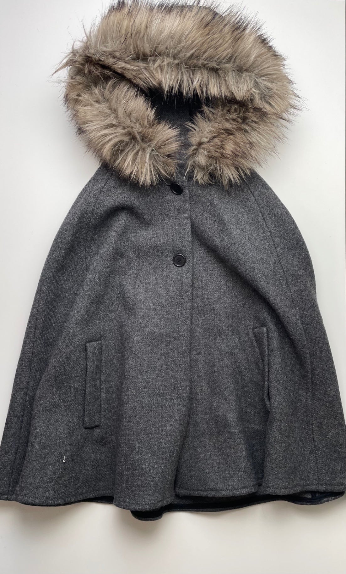 Zara Coat/Jacket - Gray Wool Cape w/ Fur Lined Hood | size 11/12