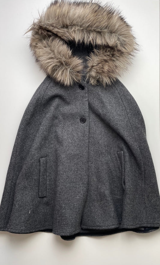 Zara Coat/Jacket - Gray Wool Cape w/ Fur Lined Hood | size 11/12