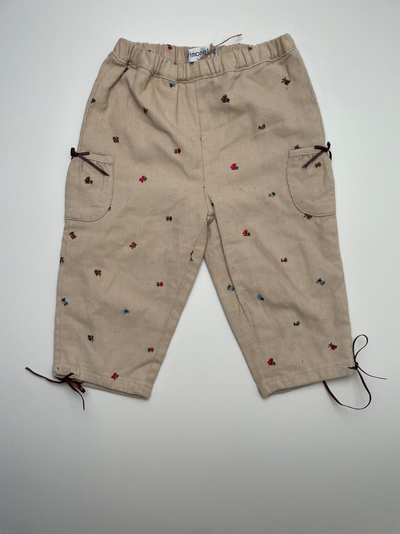 Simonetta Pants - Tan Flower Embroidery Corduroy 100% Cotton Made in Italy | size 9 Months