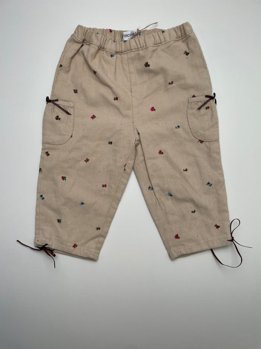 Simonetta Pants - Tan Flower Embroidery Corduroy 100% Cotton Made in Italy | size 9 Months