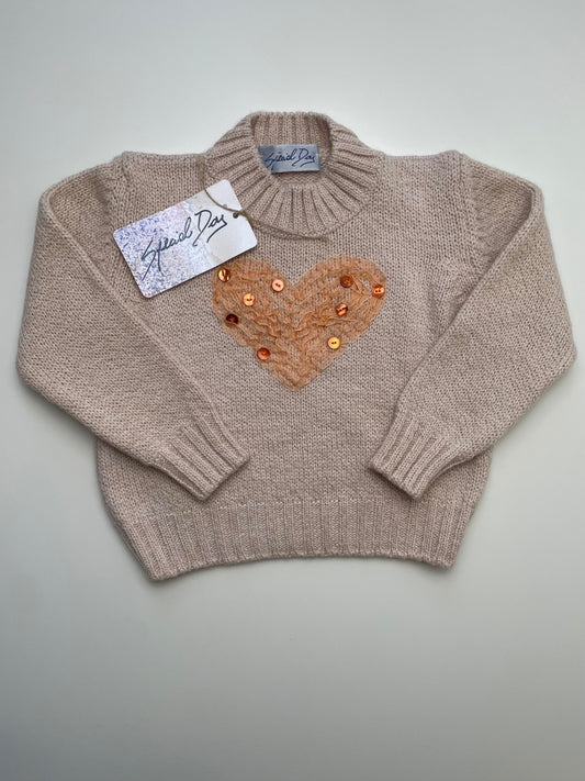 Special Day Sweater - Tan Heart Detail Wool-Blend | size 4T