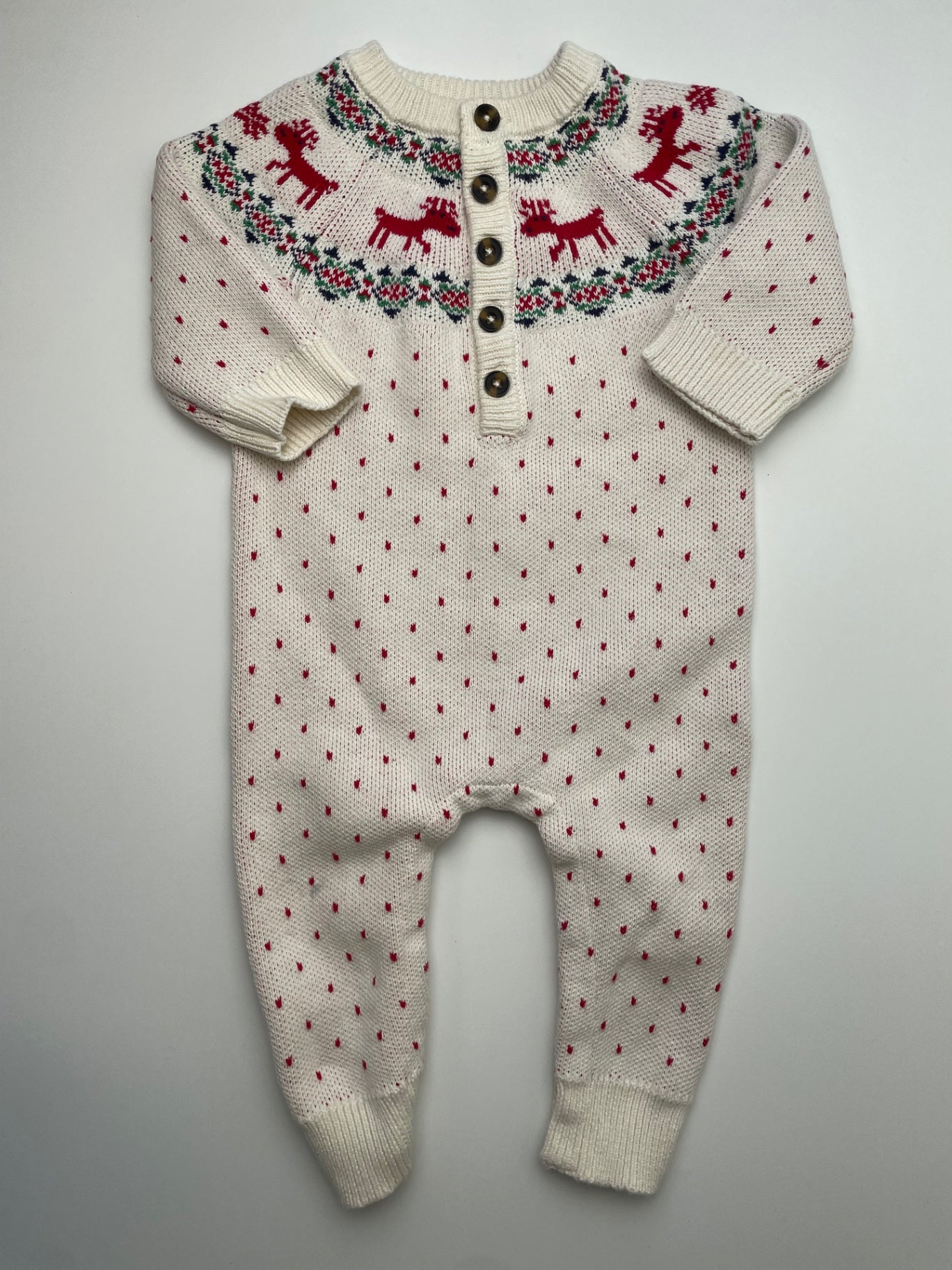 Hanna Andersson Onesie - Cream Fair Isle Reindeer Knit | size 12 - 18 Months