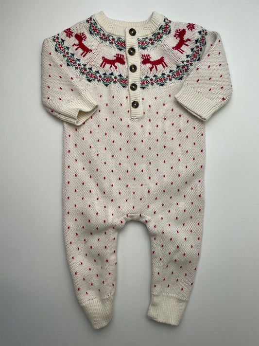 Hanna Andersson Onesie - Cream Fair Isle Reindeer Knit | size 12 - 18 Months