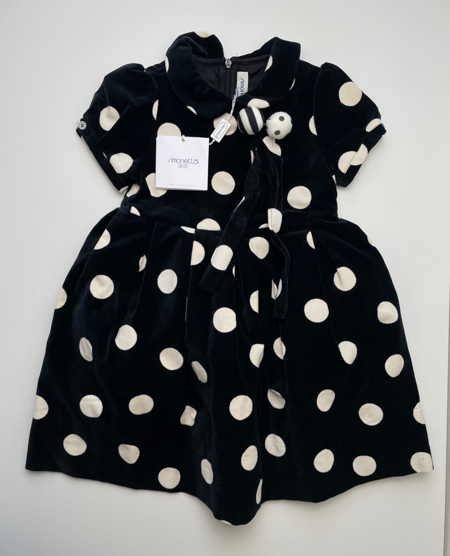 Simonetta Dress - Black Velvet Polka Dot 100% Cotton Made in Italy | size 3T