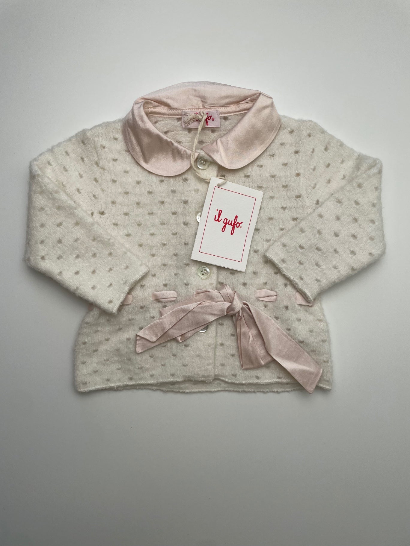 il gufo Sweater - White Silk Accents Cardigan Made in Italy | size 6 Months