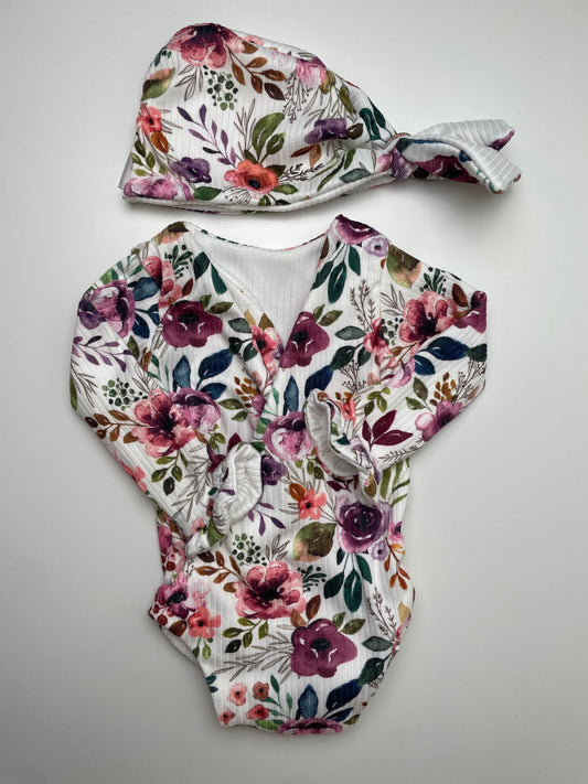 Mama Coco Onesie - Purple Floral Winged Bodysuit + Hat | size 0 - 3 Months