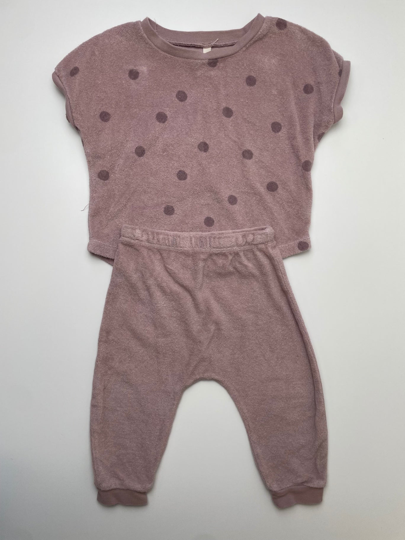Quincy Mae 2 Piece Ensemble - Pink Terry Polka Dot T-Shirt + Leggings | size 12-18 Months