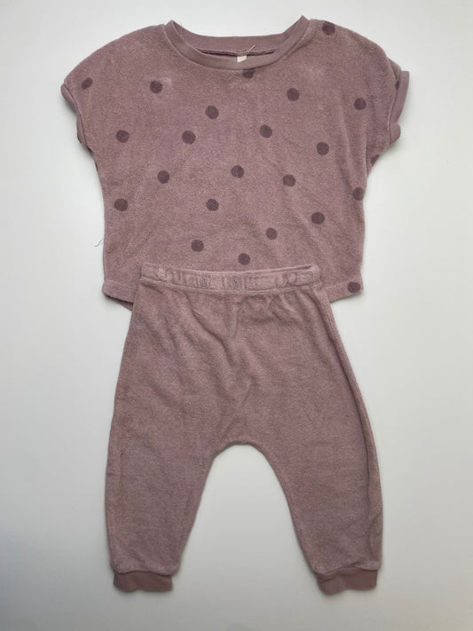 Quincy Mae 2 Piece Ensemble - Pink Terry Polka Dot T-Shirt + Leggings | size 12-18 Months