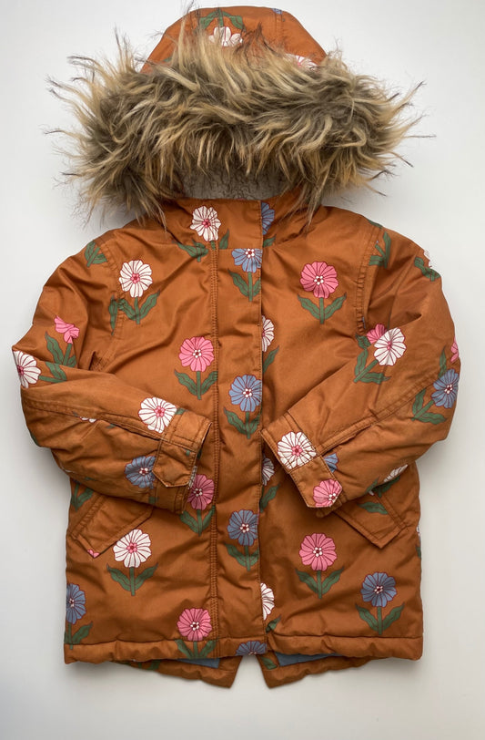 Mini Boden Coat - Yellow Floral Sherpa Lined Puffer + Fur Hood | size 3T/4T