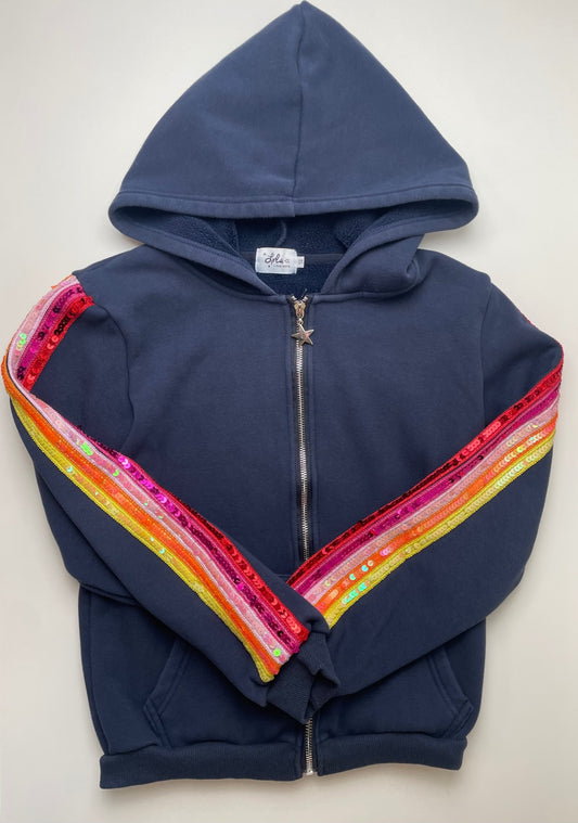Lola & The Boys Sweatshirt - Navy Blue Full Zip Hoodie Sequin Sleeves | size 14