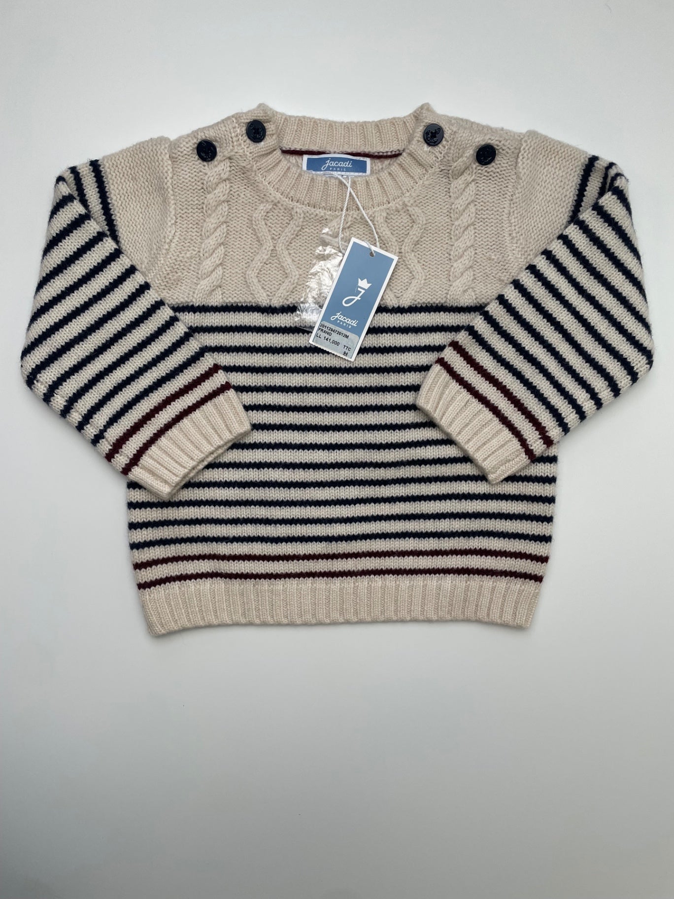 Jacadi Sweater - Cream Cable Knit Striped | size 12 Months