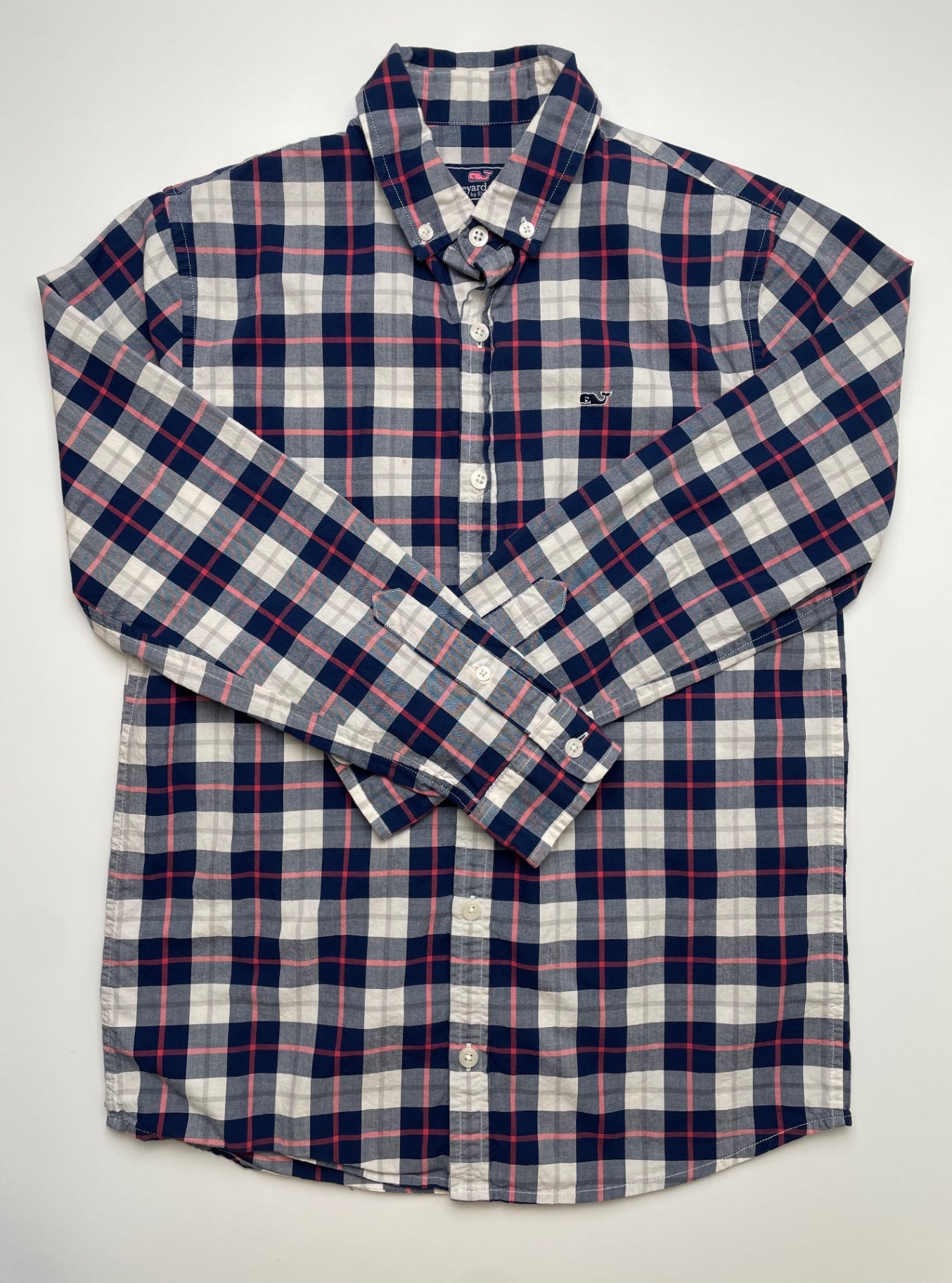 Vineyard Vines Shirt - Navy Blue Plaid Button Down 100% Cotton | size 12/14