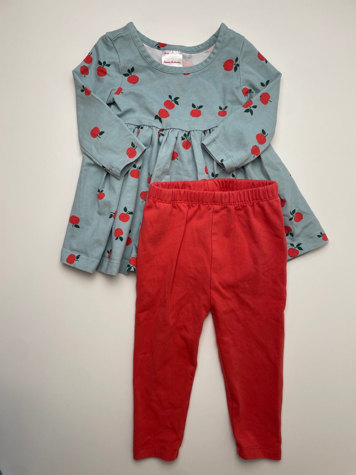 Hanna Andersson 2 Piece Ensemble - Blue Apple Pattern Dress + Leggings | size 6 - 12 Months