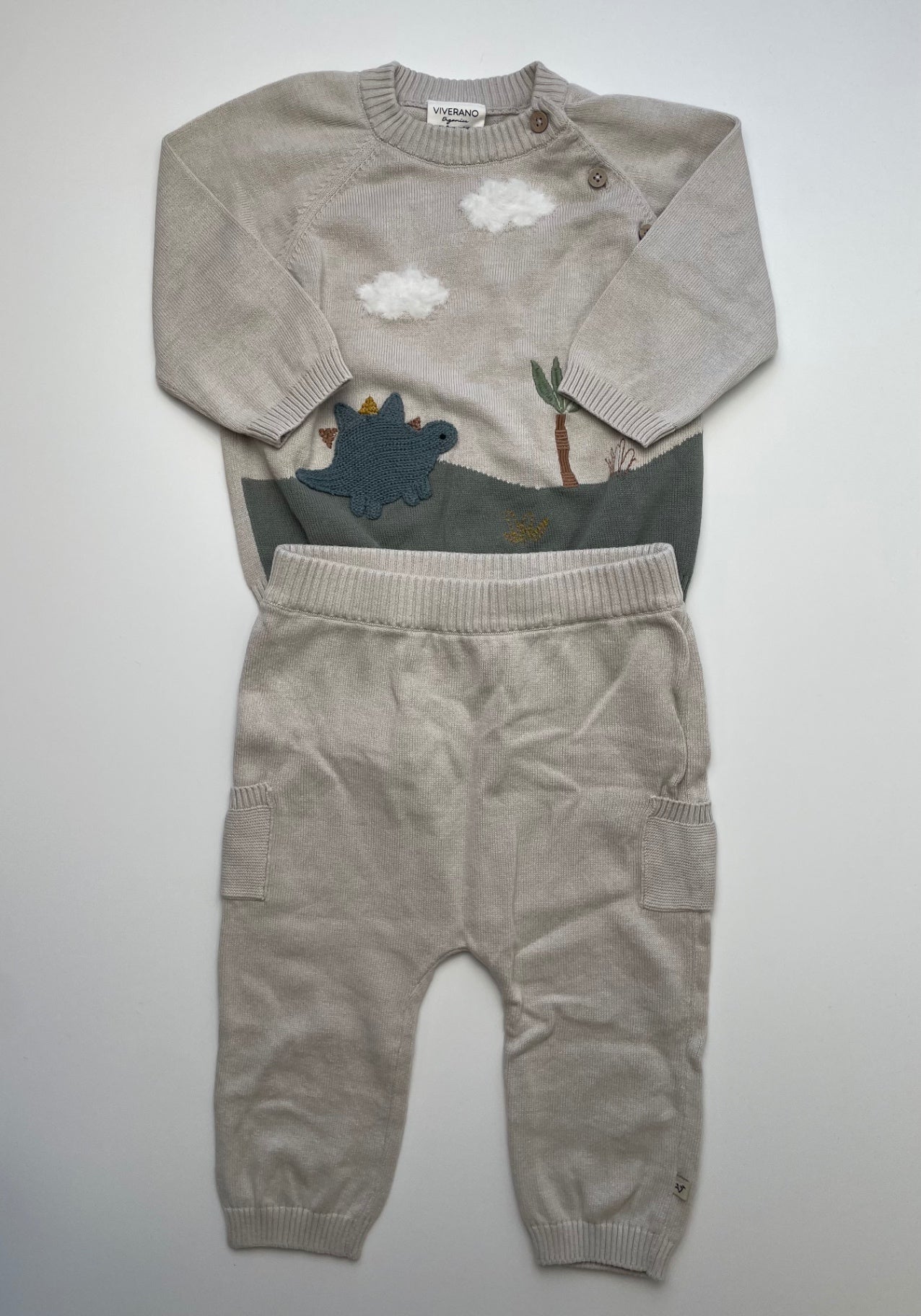 Viverano 2 Piece Ensemble - Beige Dinosaur 100% Organic Cotton | size 18 - 24 Months