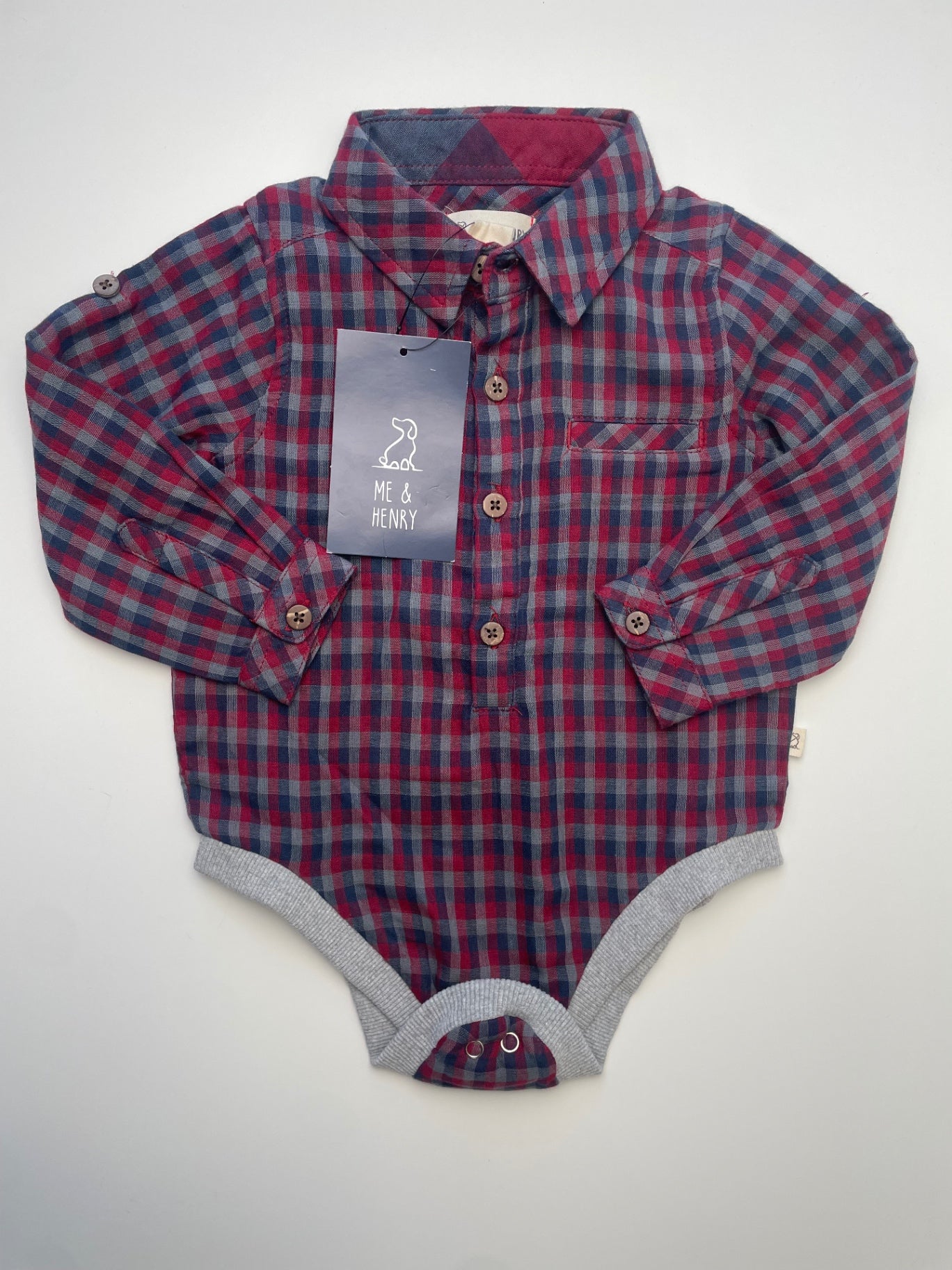 Me & Henry Onesie - Red Plaid Button Down | size 12 - 18 Months