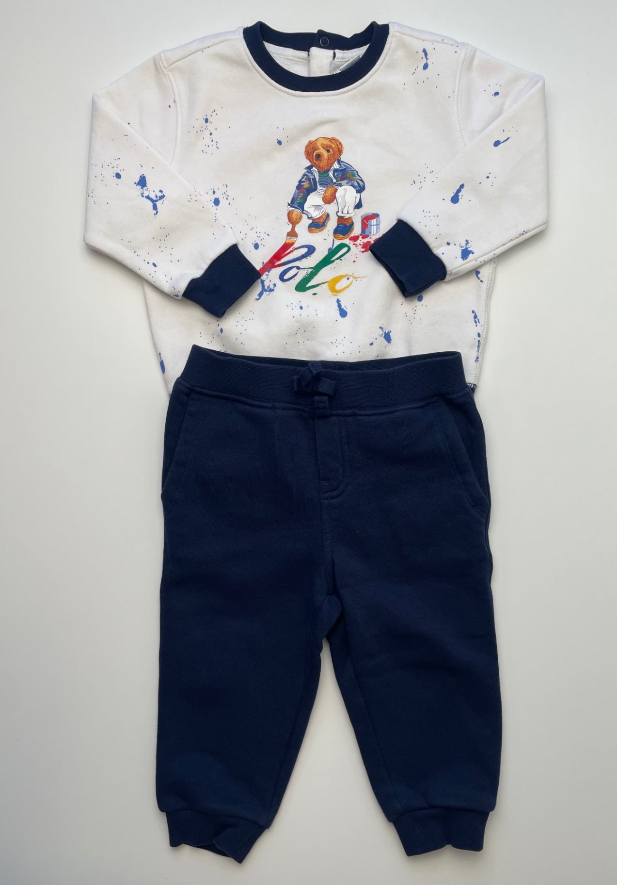 Ralph Lauren 2 Piece Ensemble - Navy Blue Bear Paint Crewneck + Joggers | size 12 Months