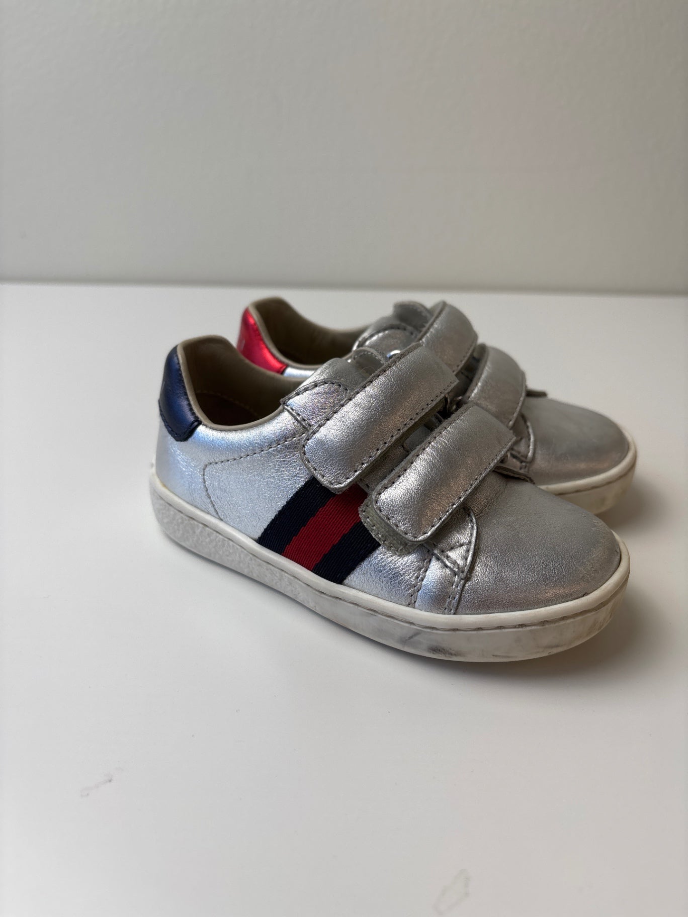 Gucci Baby Ace Leather Sneakers - Silver Metallic, Made in Italy | size 5.5 (EU 21)