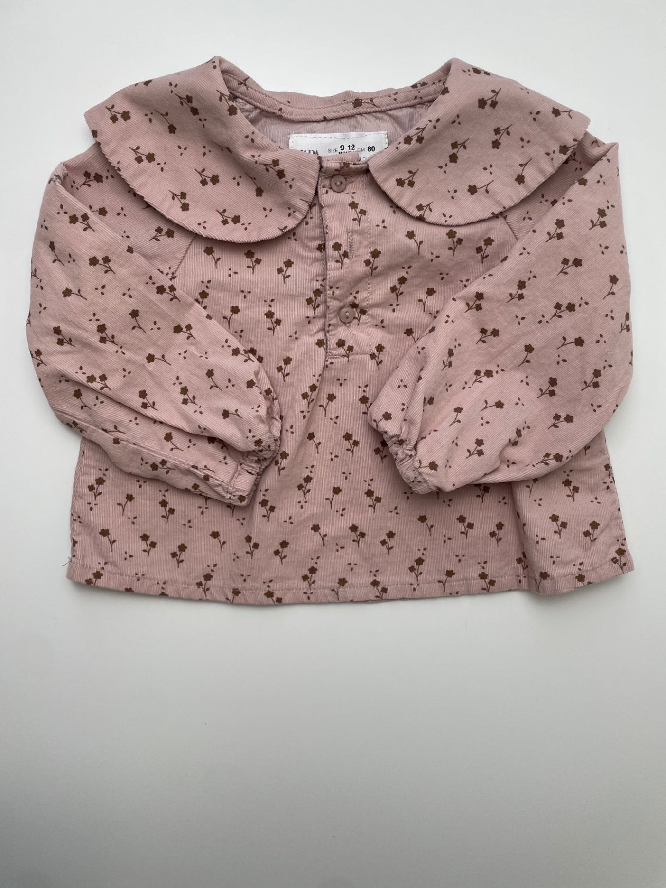 Zara Shirt - Pink Corduroy Floral + Peter Pan Collar | size 9 - 12 Months