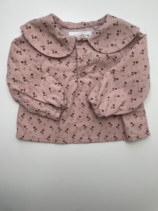Zara Shirt - Pink Corduroy Floral + Peter Pan Collar | size 9 - 12 Months