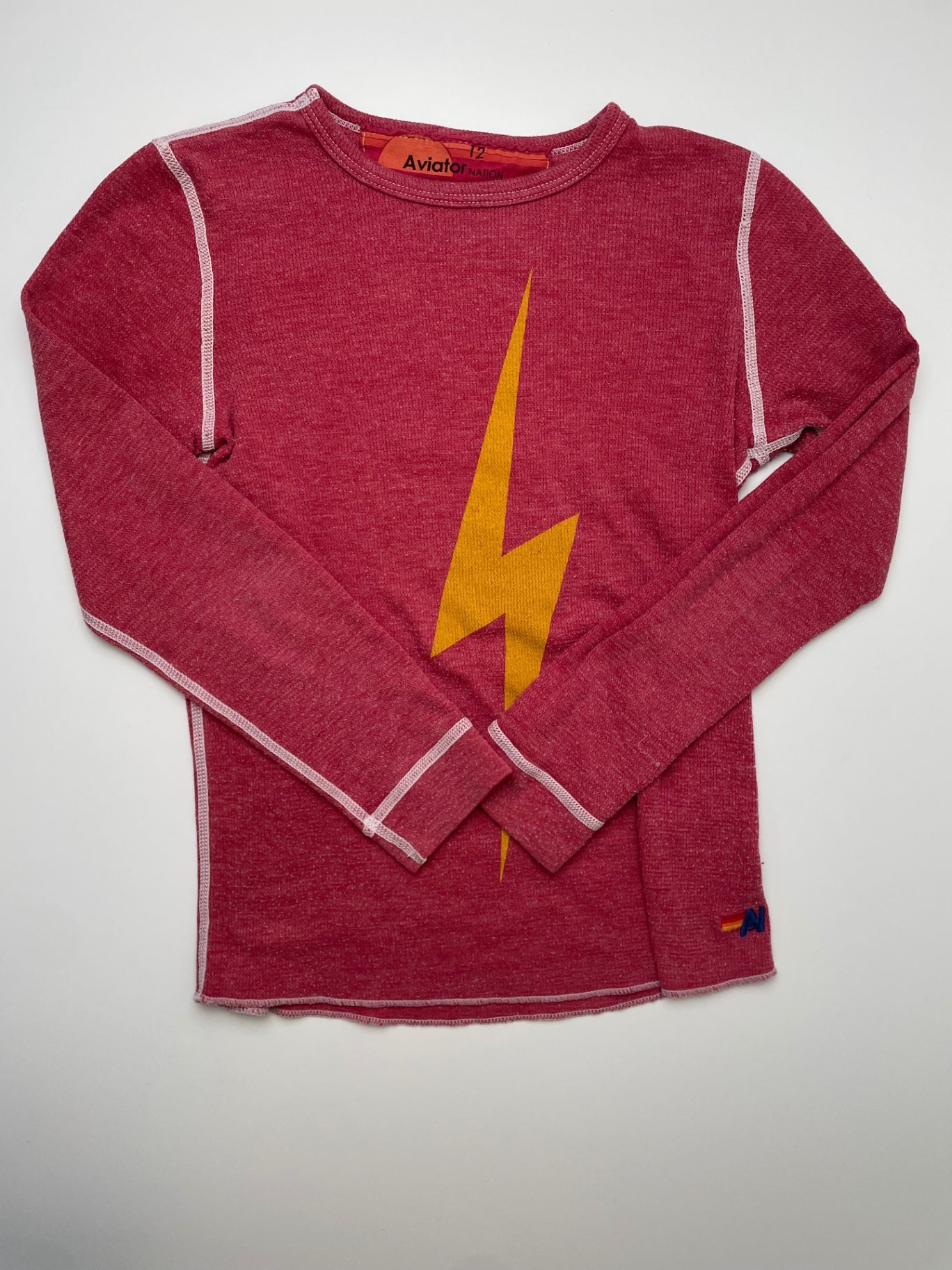 Aviator Nation Long Sleeve T-Shirt - Red Lightning Bolt Waffle Knit | size 12