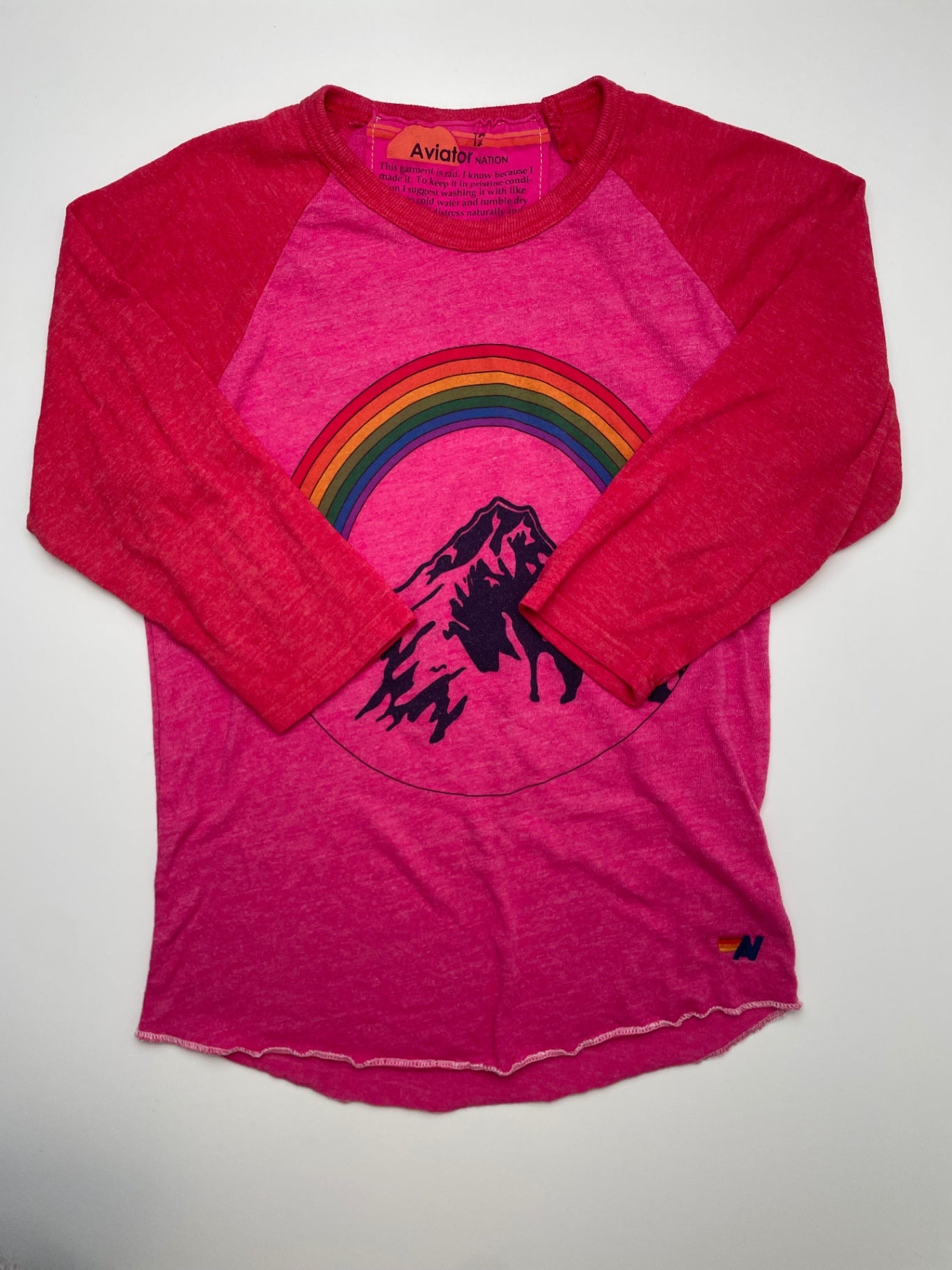 Aviator Nation Long Sleeve T-Shirt - Pink Rainbow Raglan Sleeve | size 12