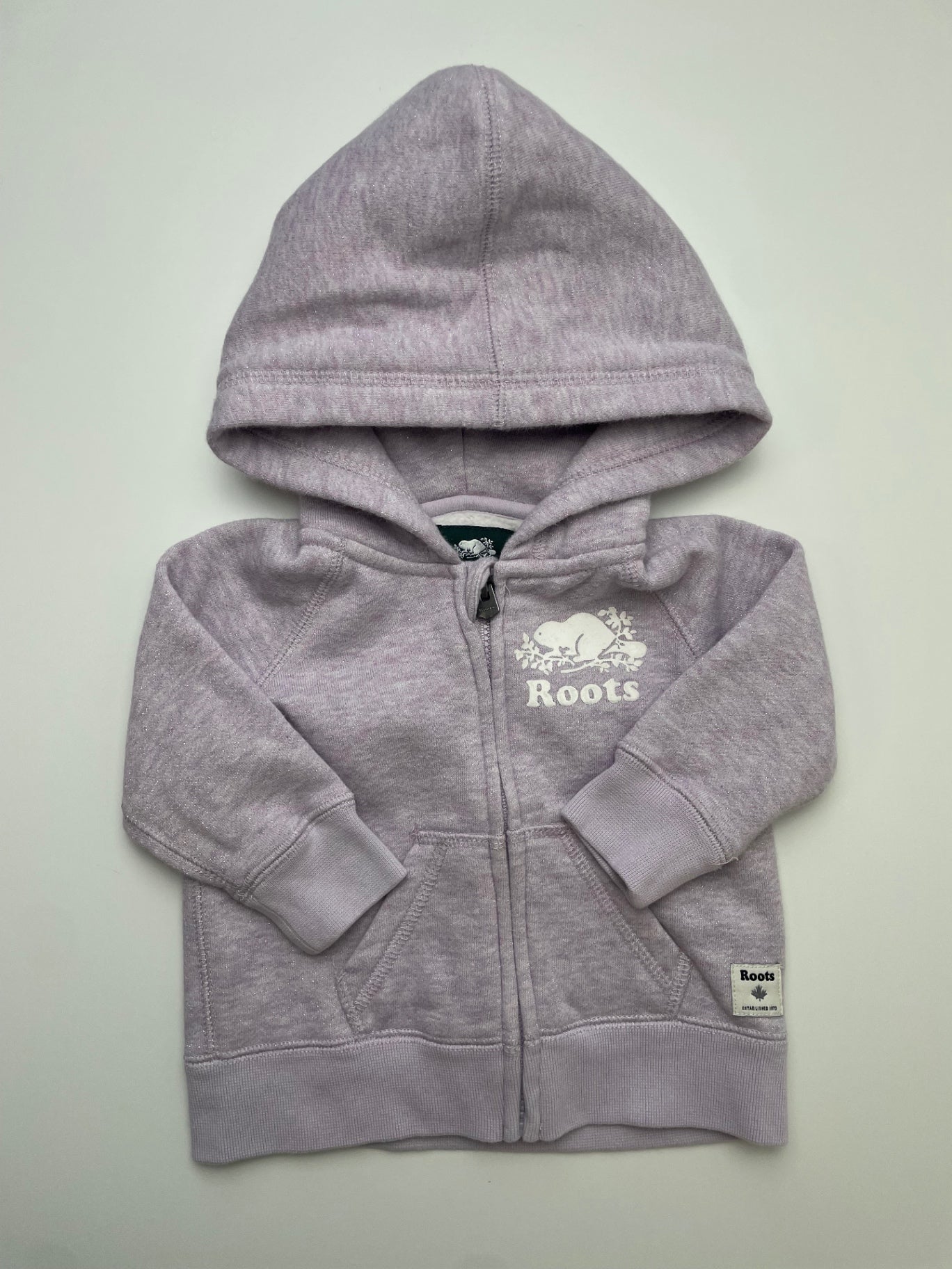 Roots Sweatshirt - Purple Glitter Full Zip Hoodie | size 3 - 6 Months