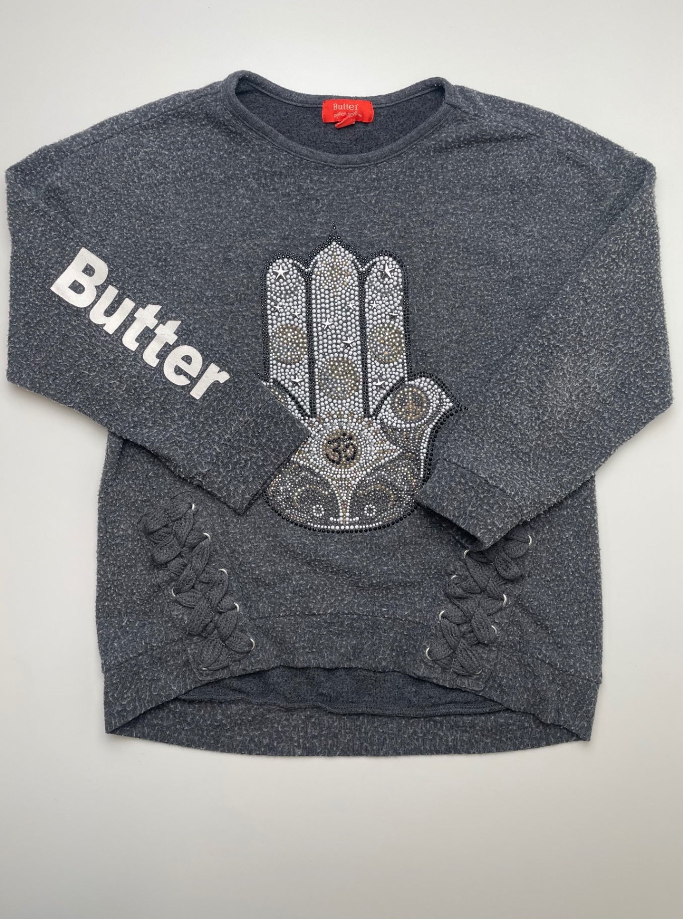 Butter Sweatshirt - Gray Bedazzled Hamsa | size 6/7