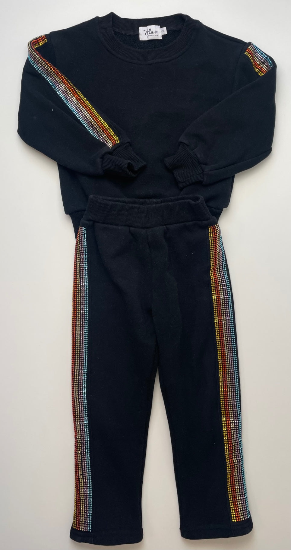Lola & The Boys 2 Piece Ensemble - Black Rainbow Rhinestone Crewneck + Sweatpants | size 2T