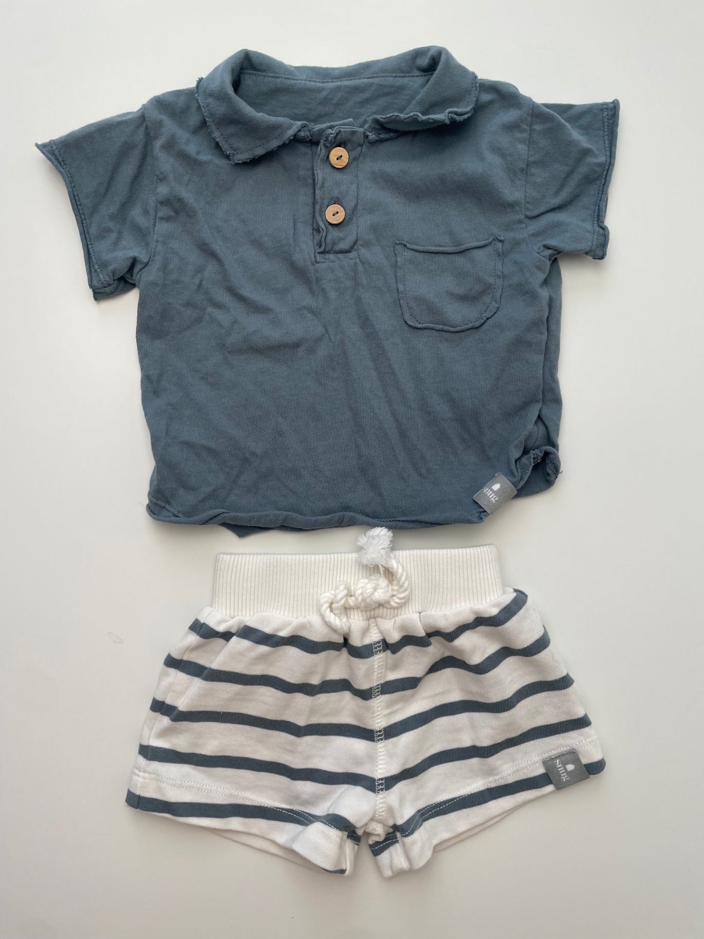 Snug 2 Piece Ensemble - Blue Raw Hem Polo + Striped Shorts | size 3 Months