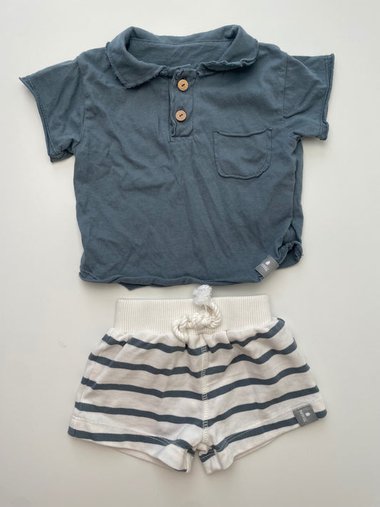 Snug 2 Piece Ensemble - Blue Raw Hem Polo + Striped Shorts | size 3 Months