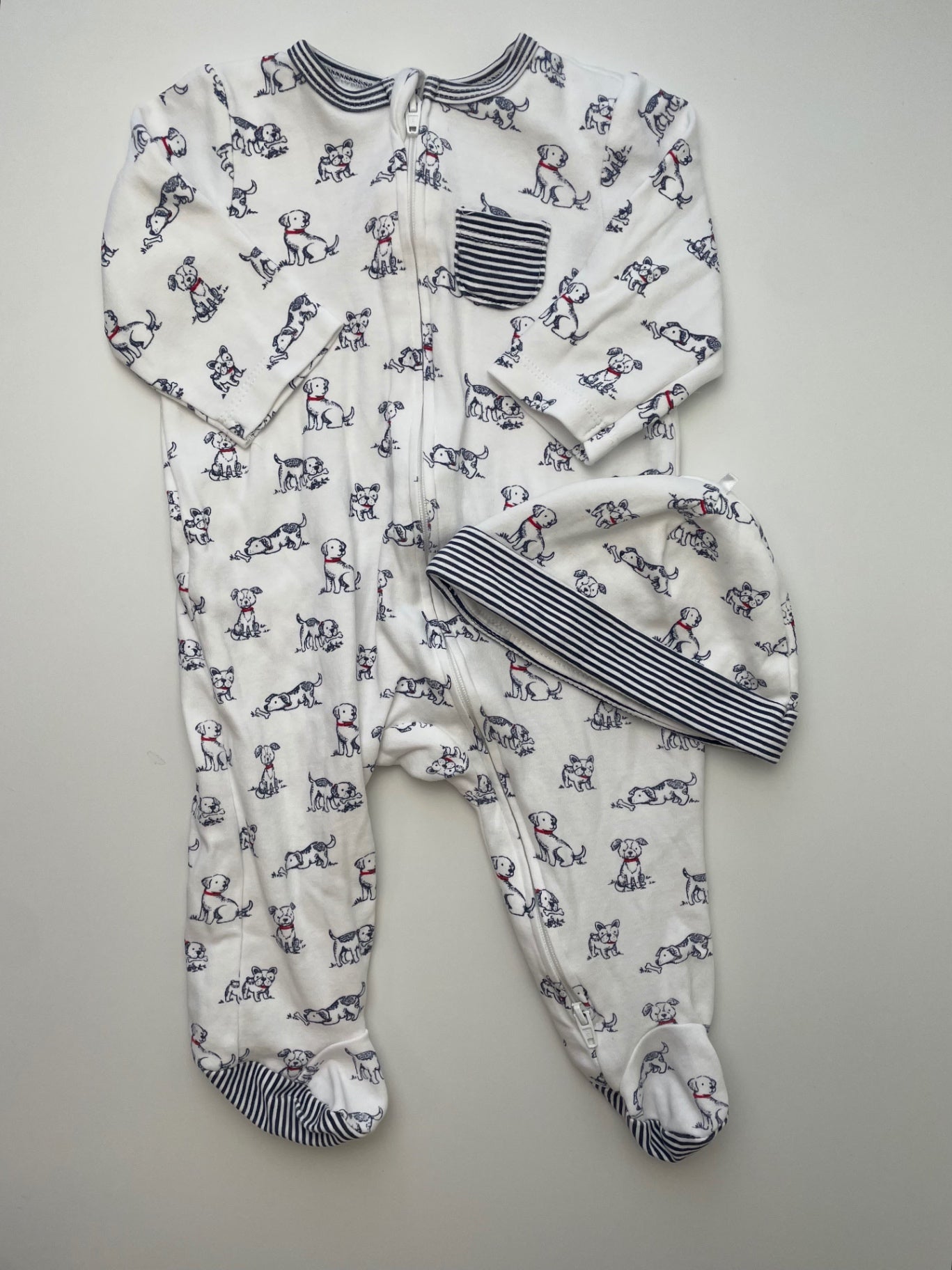 Little Me Onesie - White Dogs + Hat | size 6 Months
