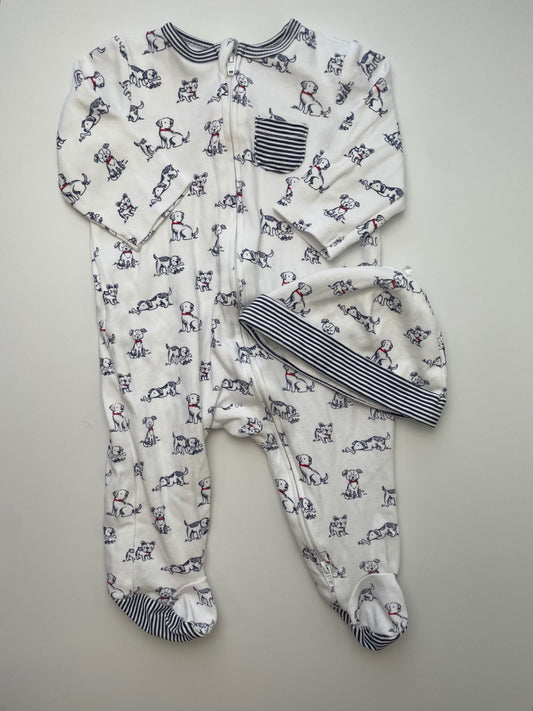 Little Me Onesie - White Dogs + Hat | size 6 Months