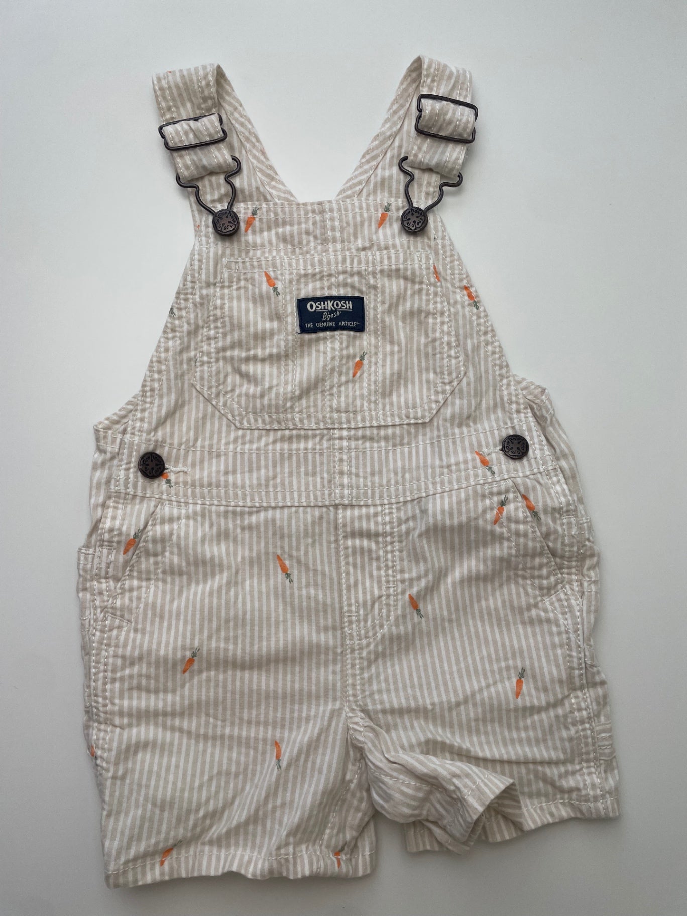 Oshkosh B'Gosh Onesie - Tan Striped Carrot Overalls | size 12 Months