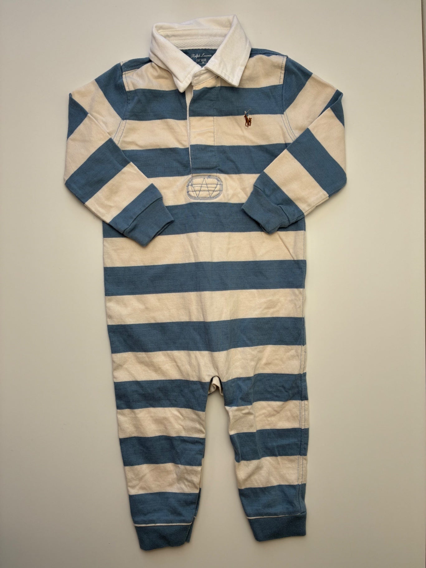 Ralph Lauren Onesie - Blue Striped w/ Collar | size 12 Months