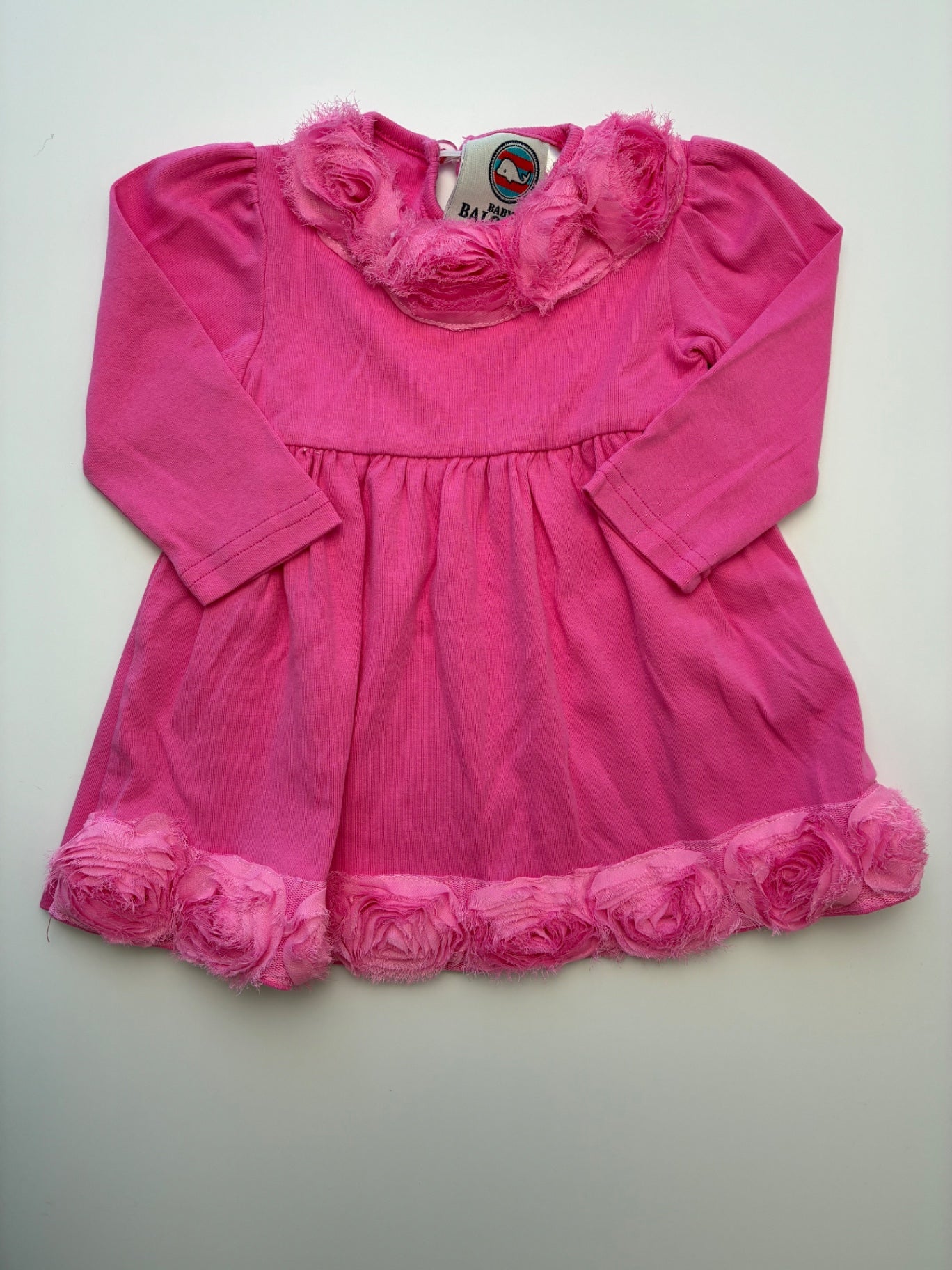 Baby Balooga Dress - Pink Long Sleeve + Tulle Flowers | size 3 - 6 Months