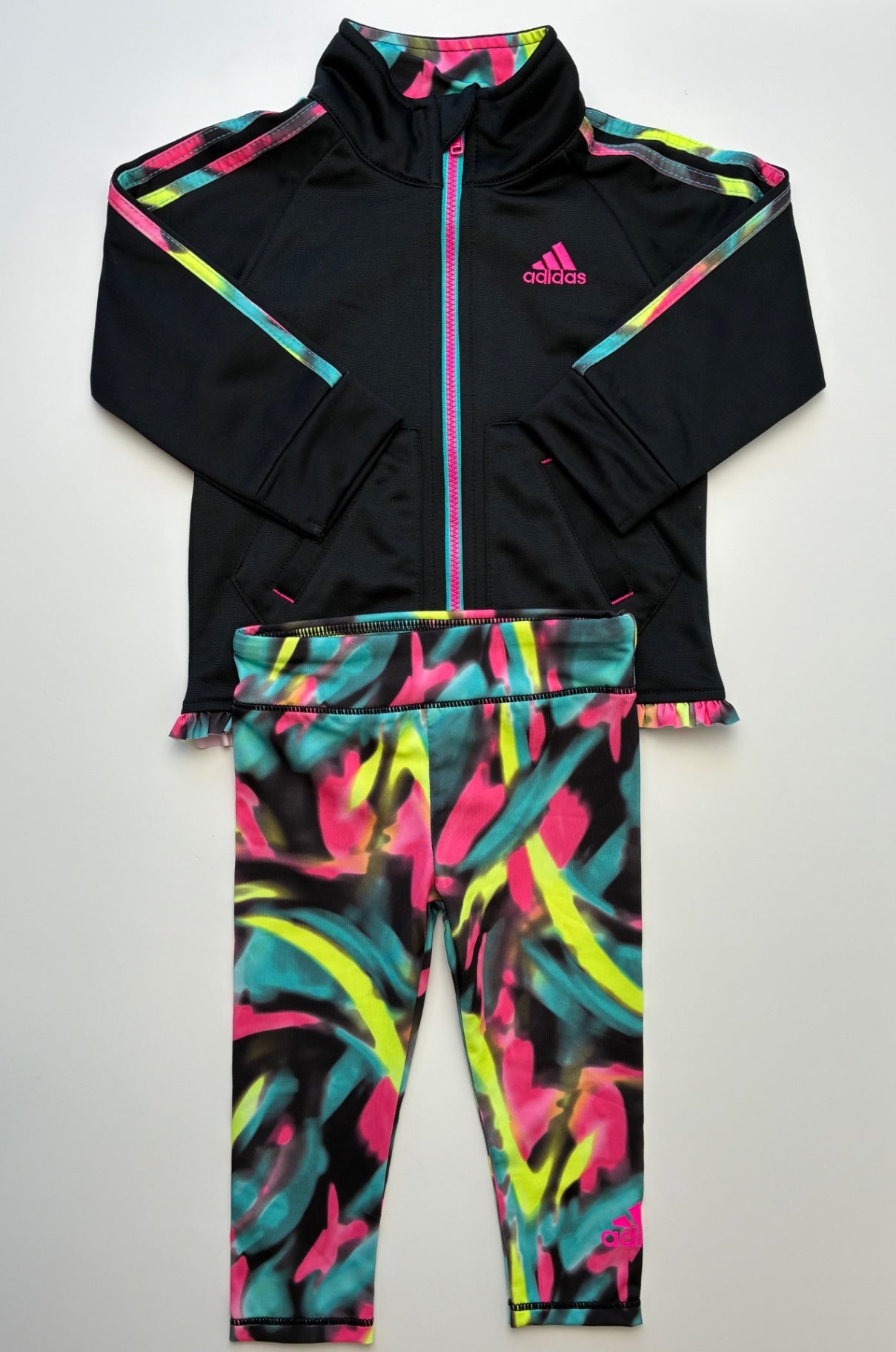 Adidas 2 Piece Ensemble - Black Ruffle Zip Up + Tie Dye Leggings | size 12 Months
