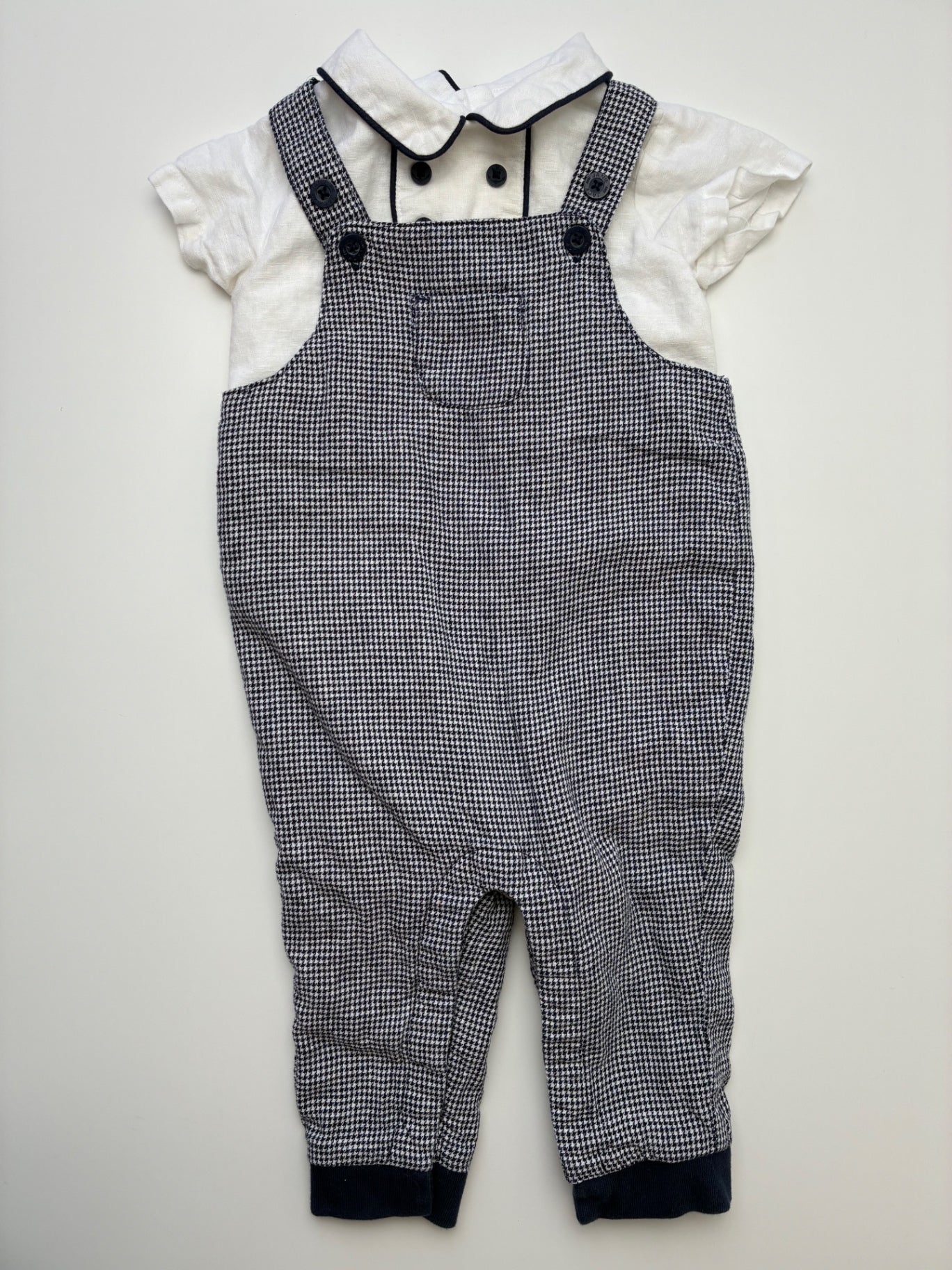 Janie and Jack 2 Piece Ensemble - Navy Blue Houndstooth Overalls + Polo | size 6 - 12 Months