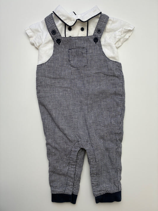 Janie and Jack 2 Piece Ensemble - Navy Blue Houndstooth Overalls + Polo | size 6 - 12 Months
