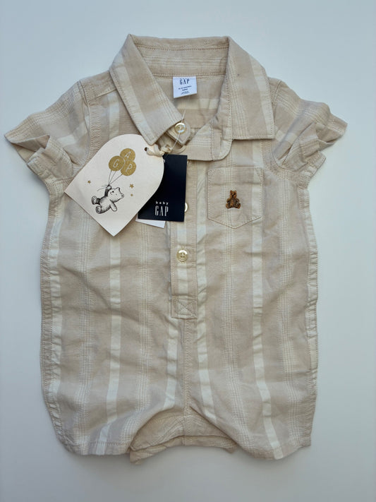 Baby Gap Onesie - Tan Striped Button Up 100% Cotton | size 0 - 3 Months