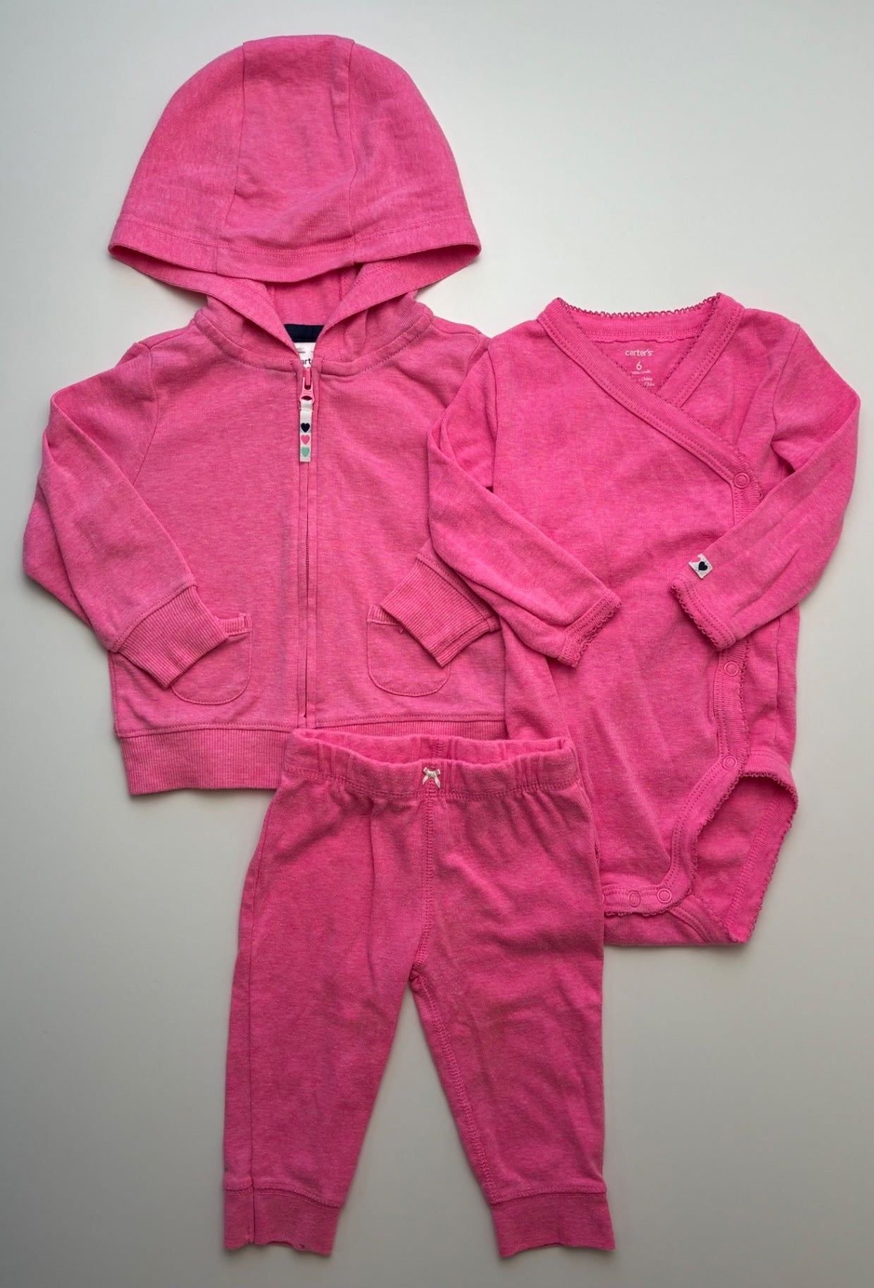 Carter's 3 Piece Ensemble - Pink Full Zip Hoodie + Long Sleeve Onesie + Leggings | size 6 Months