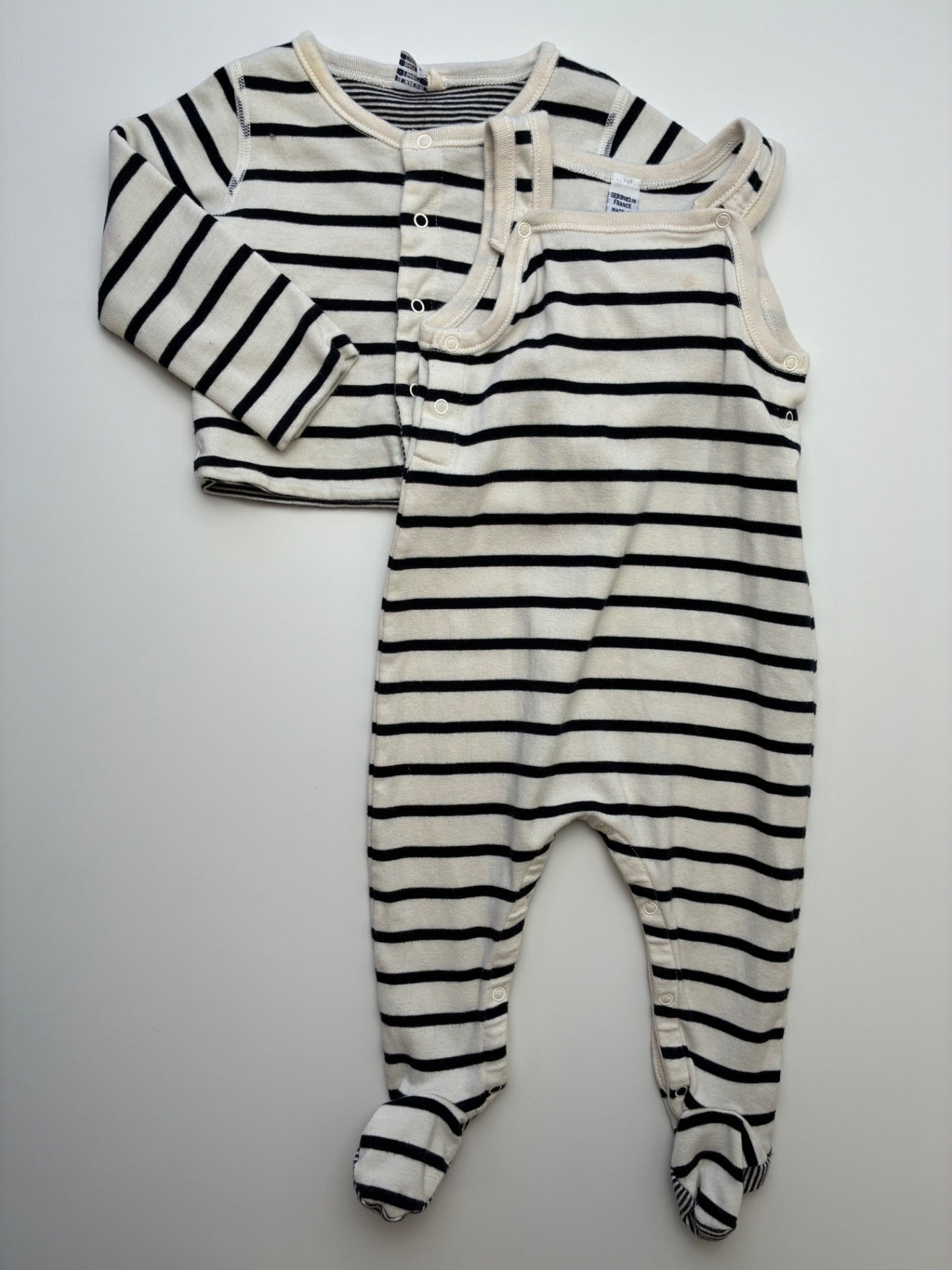 Petit Bateau 2 Piece Ensemble - Cream/Navy Blue Striped Long Sleeve + Sleeveless Onesie | size 6 Months