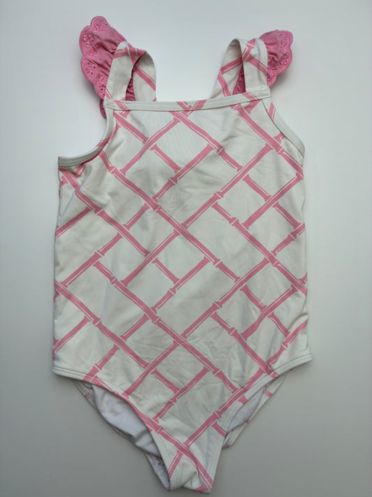 The Beaufort Bonnet Company Swimsuit - Pink Grid + Eyelet Ruffle One Piece | size 4T