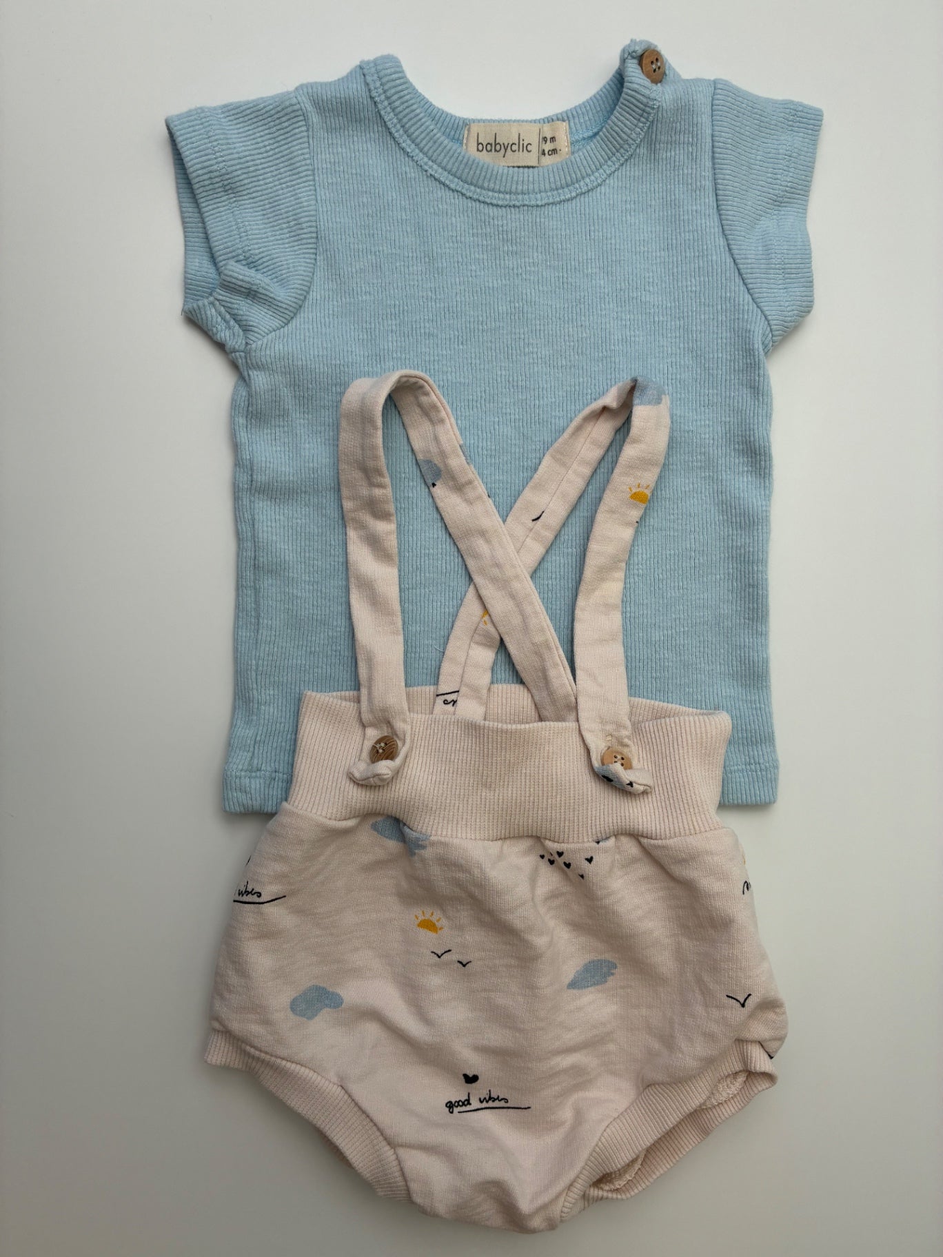 Baby Clic 2 Piece Ensemble - Blue Ribbed T-Shirt + Overall Bloomers | size 6 - 9 Months