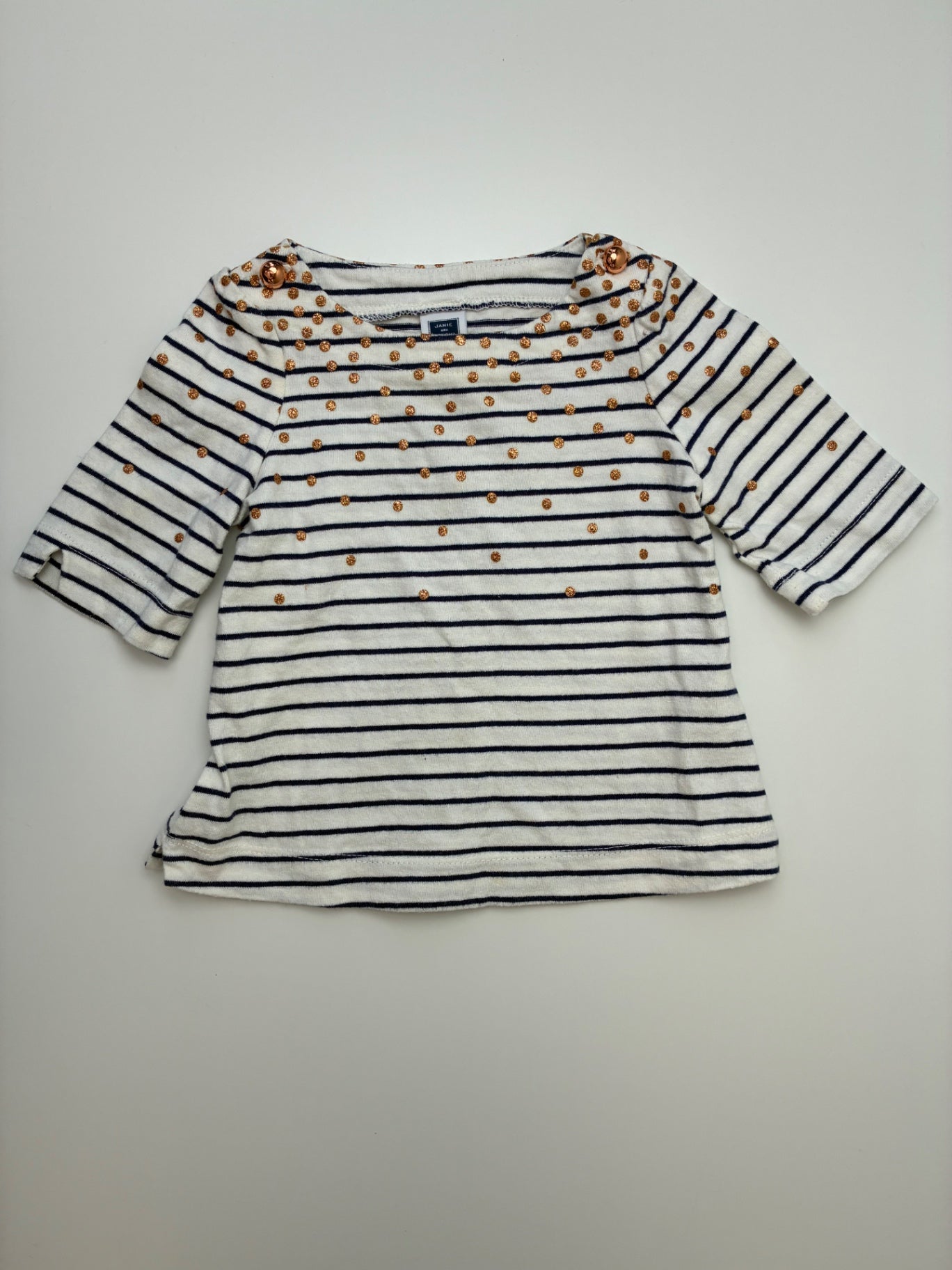 Janie and Jack Shirt - White Glitter Polka Dot + Striped Tunic | size 3 - 6 Months
