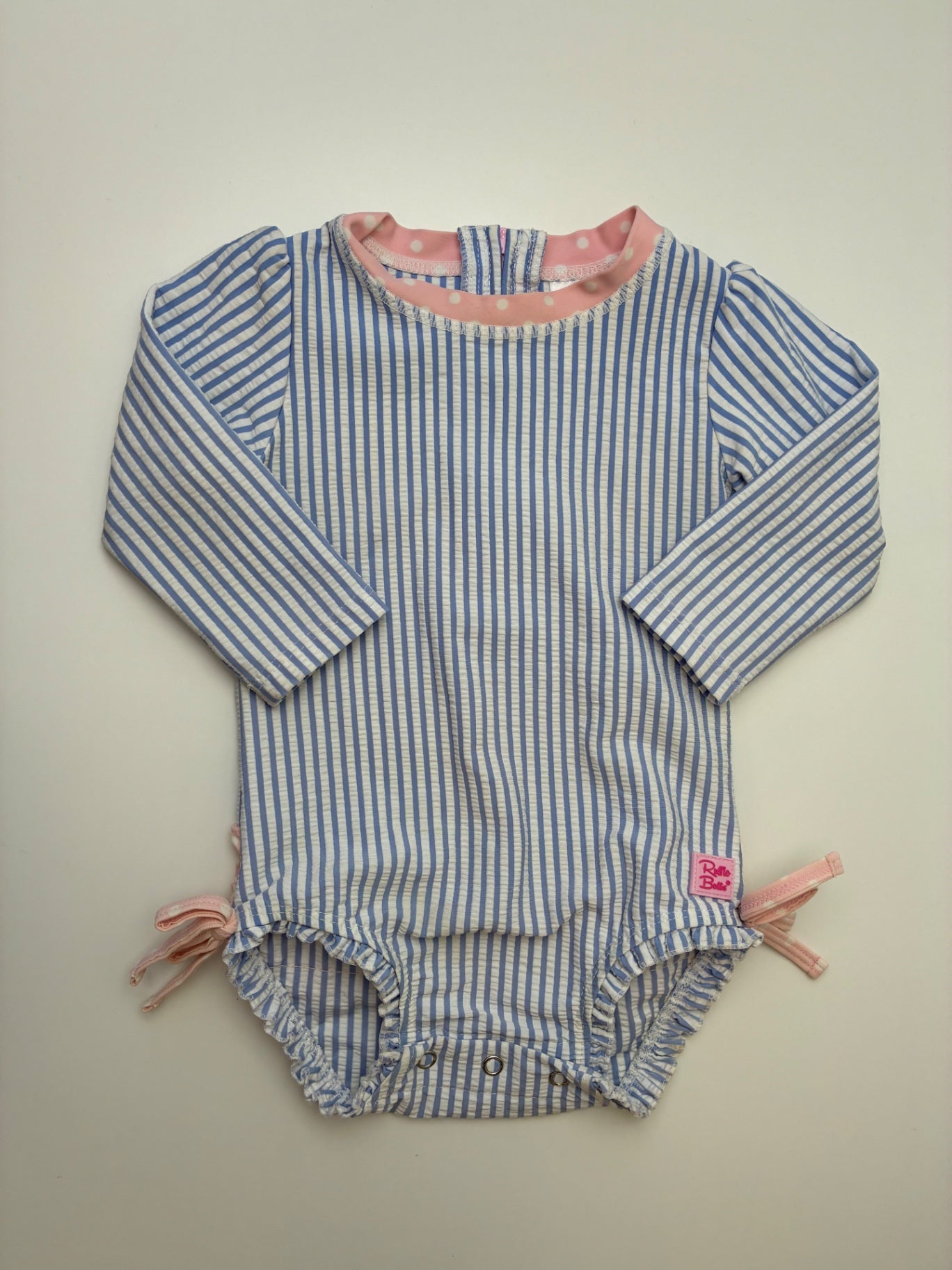 Ruffle Butts Swimsuit - Blue Seersucker + Polka Dot Ruffles | size 6 - 12 Months